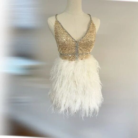 NWOT Galia Lahav–Inspired Mini Dress Ostrich Feather & Sequin Detail Customade - Picture 3 of 15